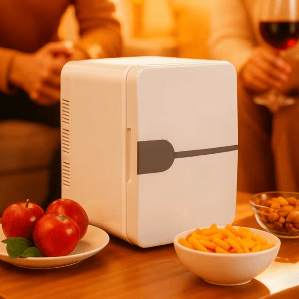 Portable Mini Fridge with USB-Powered Cooling, compact glossy design perfect for home and travel, ideal for keeping drinks and snacks cool on the go. 0